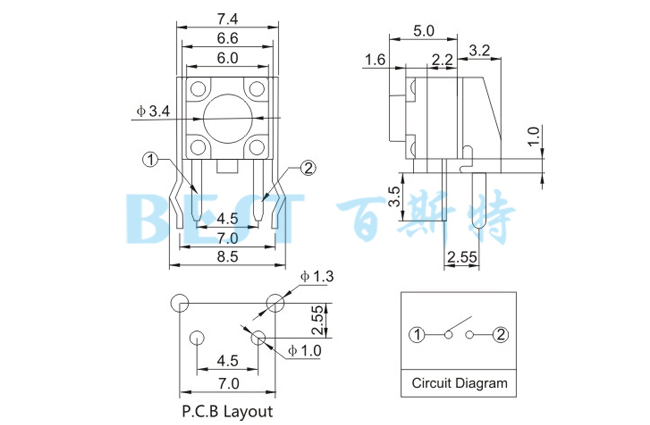 輕觸開關(guān)TS-1109KG參考圖紙 輕觸開關(guān)TS-1109KG參考圖紙
